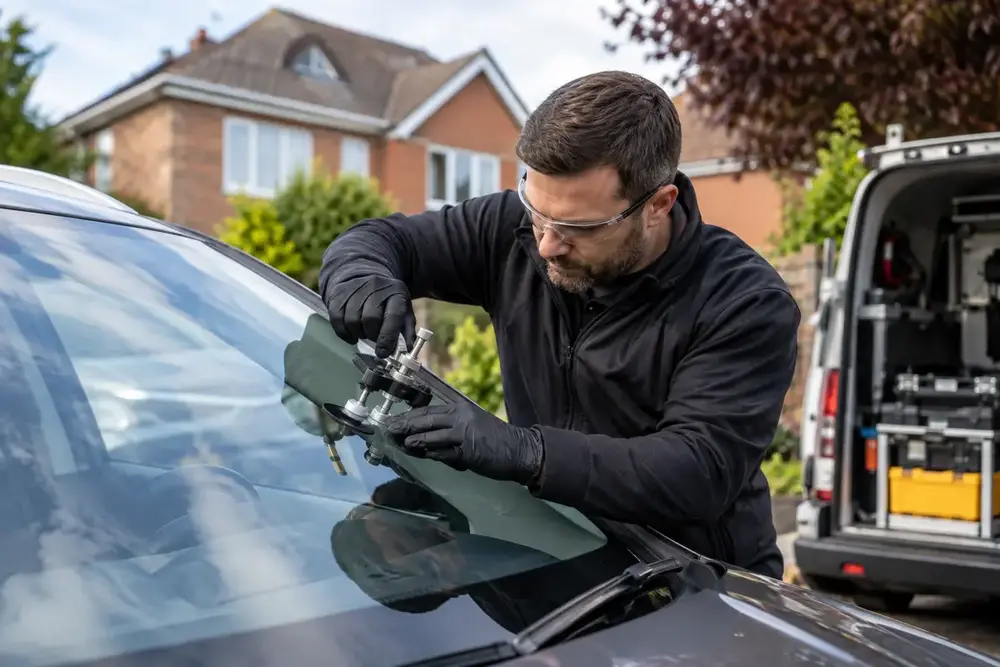 Mobile technician checking a car windscreen chip beside an equipped service van