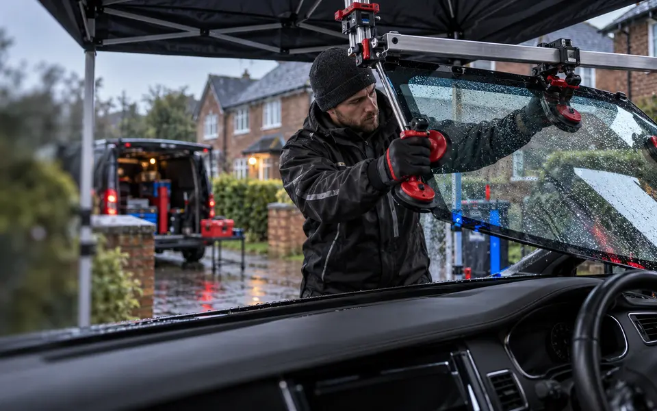 Technician handling a front windscreen with suction lifting equipment under a canopy