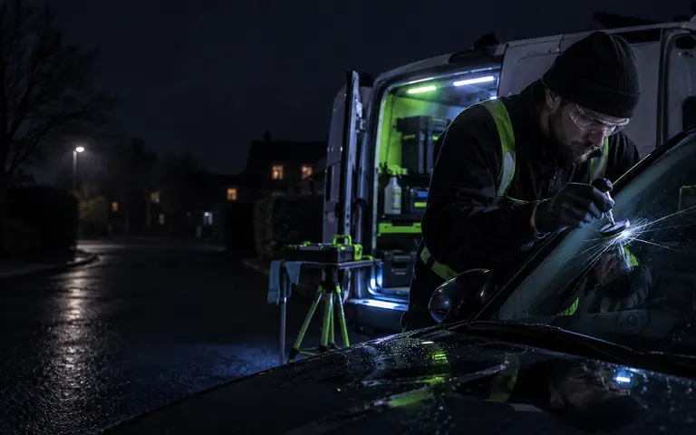 Mobile glass technician inspecting the edge of a car windscreen at night