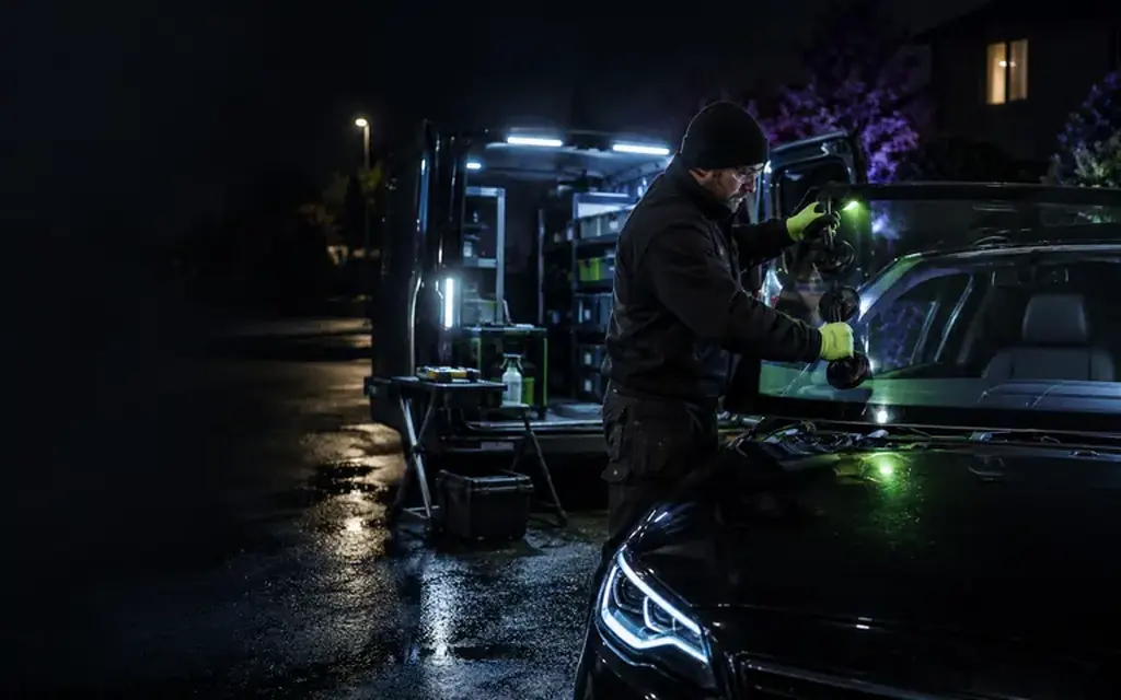 Technician lifting a car windscreen using suction handles beside a service van