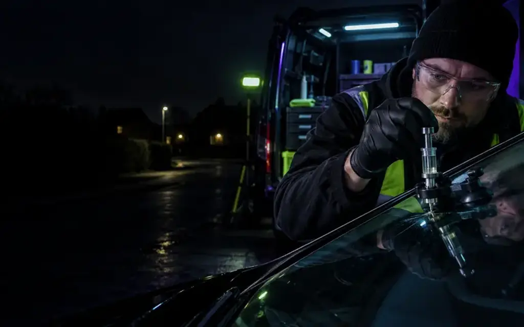 Technician positioning a repair injector over damage on a car windscreen