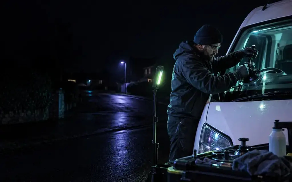 Technician working at the front windscreen of a white van